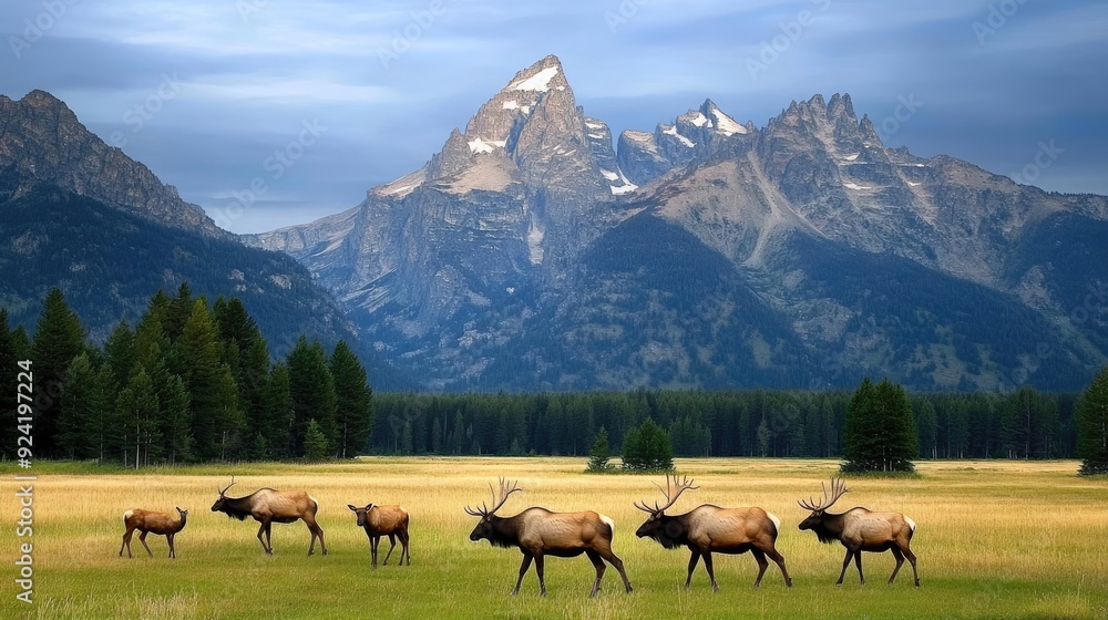 Obraz premium A herd of wild elk grazes peacefully in Grand Teton National Park, surrounded by mountains and forest as the sun rises on a beautiful summer morning