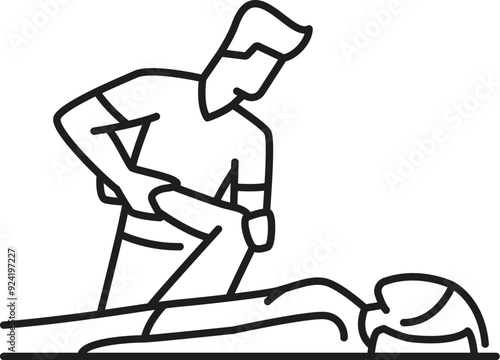 Chiropractic medicine icon of leg manipulation for chiropractor medical therapy, vector line pictogram. Chiropractic treatment, body physiotherapy and back spine orthopedic or osteopathy manipulation