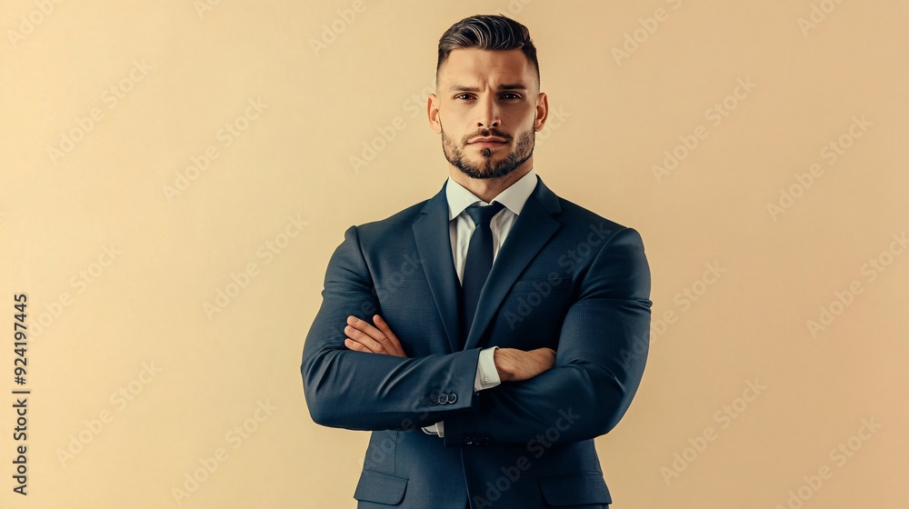 A professional bodyguard in a tailored suit stands confidently with arms crossed, exuding authority against a light solid color background A professional bodyguard in a tailored suit stands confidently with arms crossed, exuding authority against a light solid color background