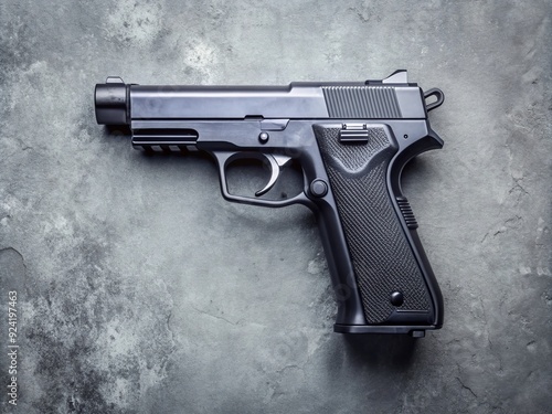 Modern pneumatic air gun, a replica of a real pistol, lies on a gray concrete background, ideal for airsoft, sports, and entertainment enthusiast imagery.