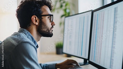 A focused bookkeeper analyzing spreadsheets on a computer, with a light solid color background highlighting their workspace