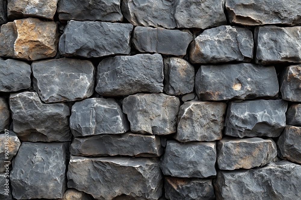 Textured gray stone wall made from rough, stacked rocks in a layered pattern Textured gray stone wall made from rough, stacked rocks in a layered pattern