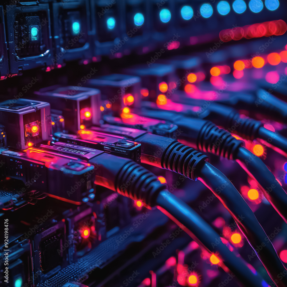 Closeup of illuminated network cables connected to a circuit board with red lights.
Closeup of illuminated network cables connected to a circuit board with red lights.