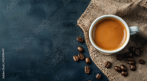 Top view of a coffee cup on a rustic burlap cloth with scattered coffee beans.
