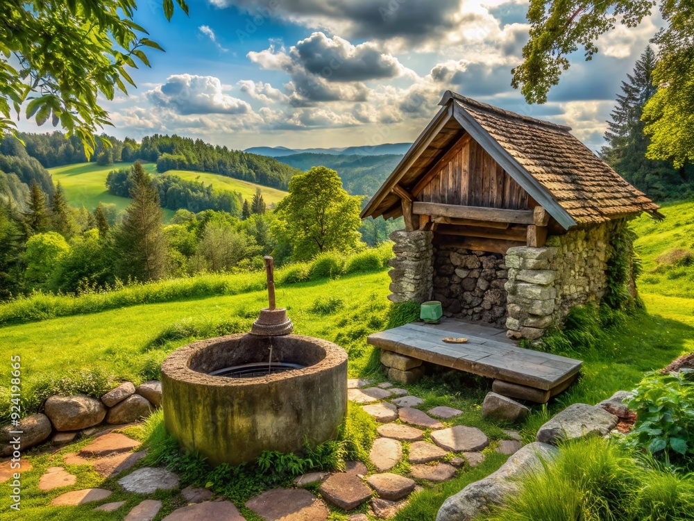Rustic landscape featuring old country well and sauna foundations constructed from weathered broken stones, surrounded by lush greenery and serene countryside ambiance. Rustic landscape featuring old country well and sauna foundations constructed from weathered broken stones, surrounded by lush greenery and serene countryside ambiance.