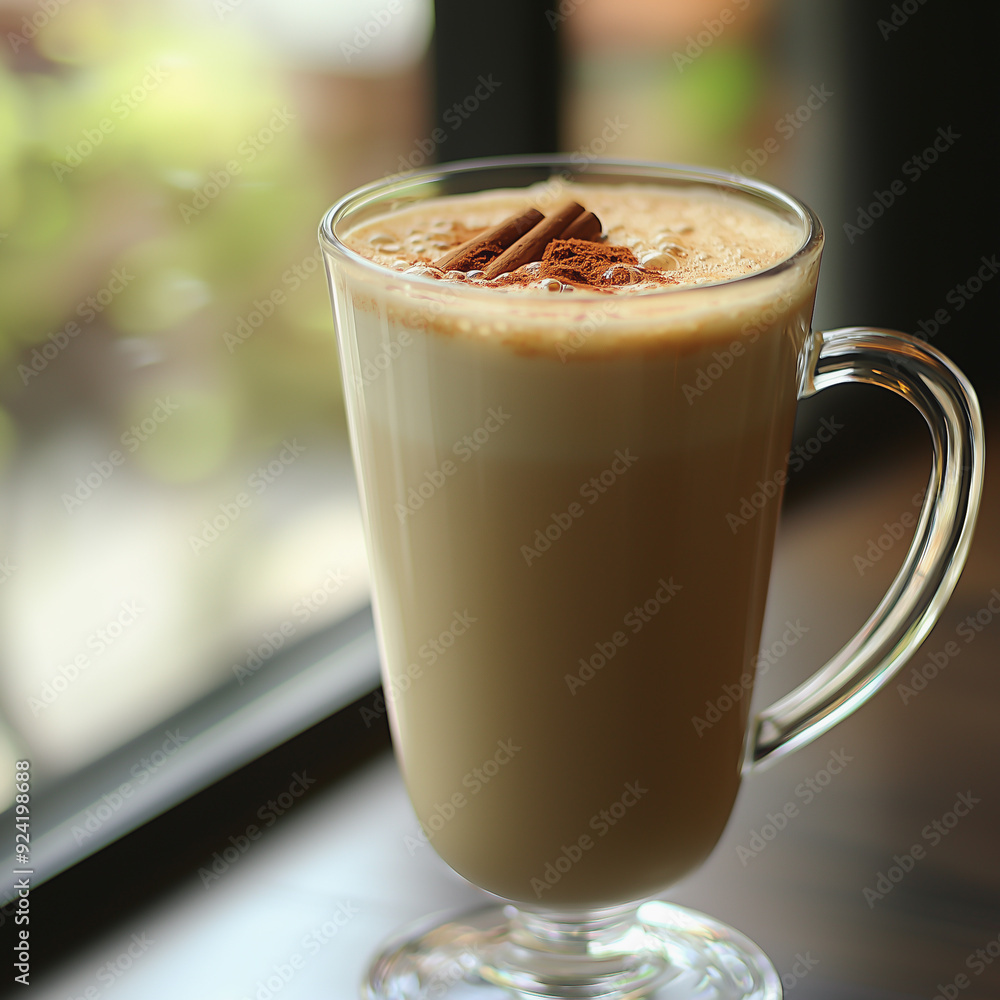 Glass of frothy spiced chai latte placed on a wooden table near a window with greenery.
Glass of frothy spiced chai latte placed on a wooden table near a window with greenery.
