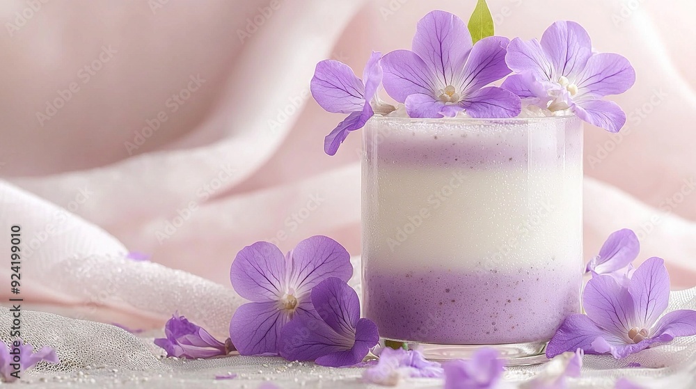 A close-up of a glass filled with liquid and adorned with flowers rests atop a pink-colored cloth on a wooden table A close-up of a glass filled with liquid and adorned with flowers rests atop a pink-colored cloth on a wooden table