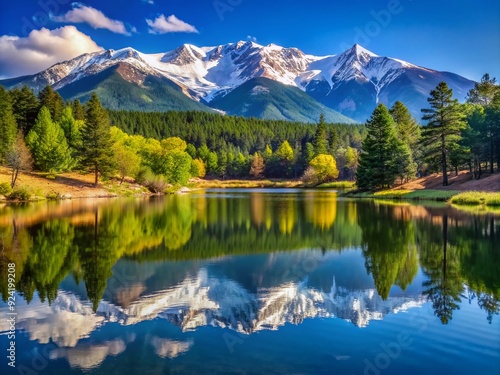 Serene landscape showcasing snow-capped Pikes Peak Mountains reflected in a calm lake, surrounded by lush forest, near Colorado Springs, Colorado, on a sunny day.