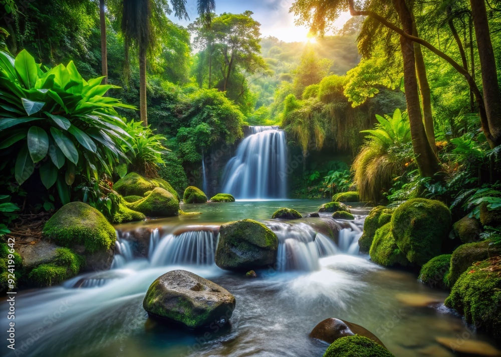 Serene tropical forest landscape featuring a picturesque river stream with rocks, flowing into a stunning waterfall, surrounded by lush greenery and abundant foliage. Serene tropical forest landscape featuring a picturesque river stream with rocks, flowing into a stunning waterfall, surrounded by lush greenery and abundant foliage.