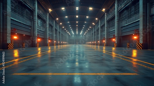 Industrial Warehouse Interior with Empty Space and Lighting