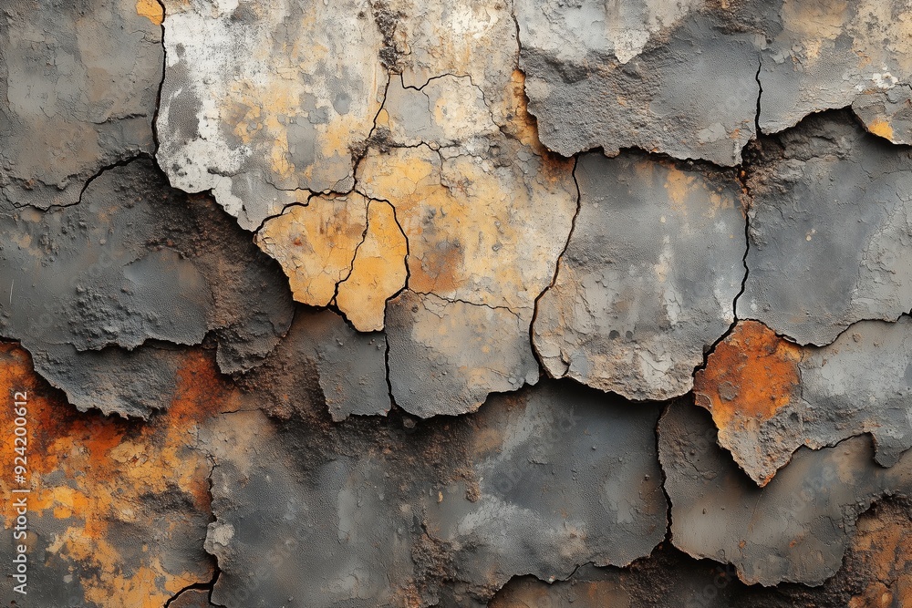 Fototapeta premium Textured wall featuring cracked paint and rust in an aging industrial space