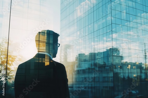 A businessman looking at his reflection in a building s glass wall close up, focus on, copy space Vivid reflection with urban lines Double exposure silhouette with glass building photo