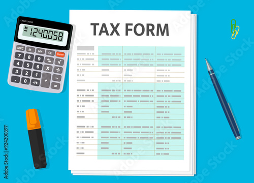 Tax form paper document with calculator, pen and text marker. Vector tax return form, financial report of business income or loss, payments and refunds. Accounting paperwork, economic analytics themes