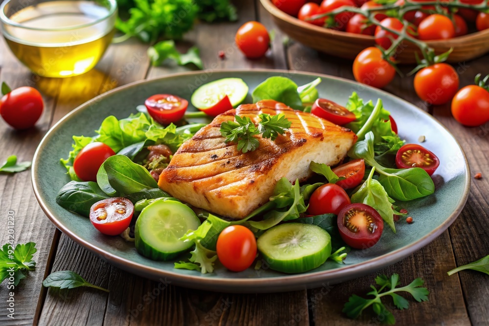 Fresh mixed greens topped with seared salmon fillet, cherry tomatoes, cucumber slices, and a light vinaigrette, perfectly arranged for a refreshing summer meal. Fresh mixed greens topped with seared salmon fillet, cherry tomatoes, cucumber slices, and a light vinaigrette, perfectly arranged for a refreshing summer meal.