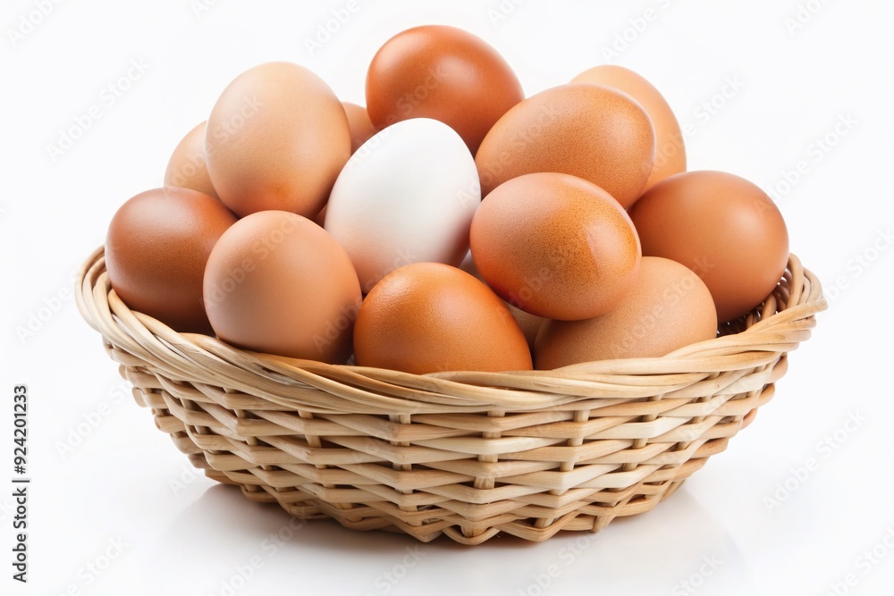 Fresh stack of brown and white chicken eggs arranged in a woven wicker bamboo basket, isolated on a bright white background with ample copy space. Fresh stack of brown and white chicken eggs arranged in a woven wicker bamboo basket, isolated on a bright white background with ample copy space.