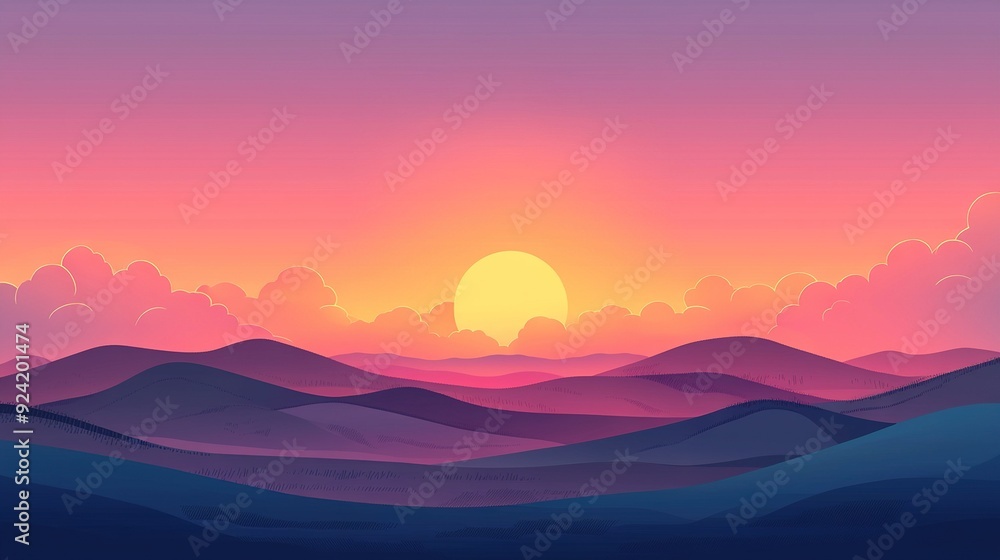 A picturesque sunset over majestic mountains with fluffy clouds surrounding a dazzling orange sun in the center A picturesque sunset over majestic mountains with fluffy clouds surrounding a dazzling orange sun in the center