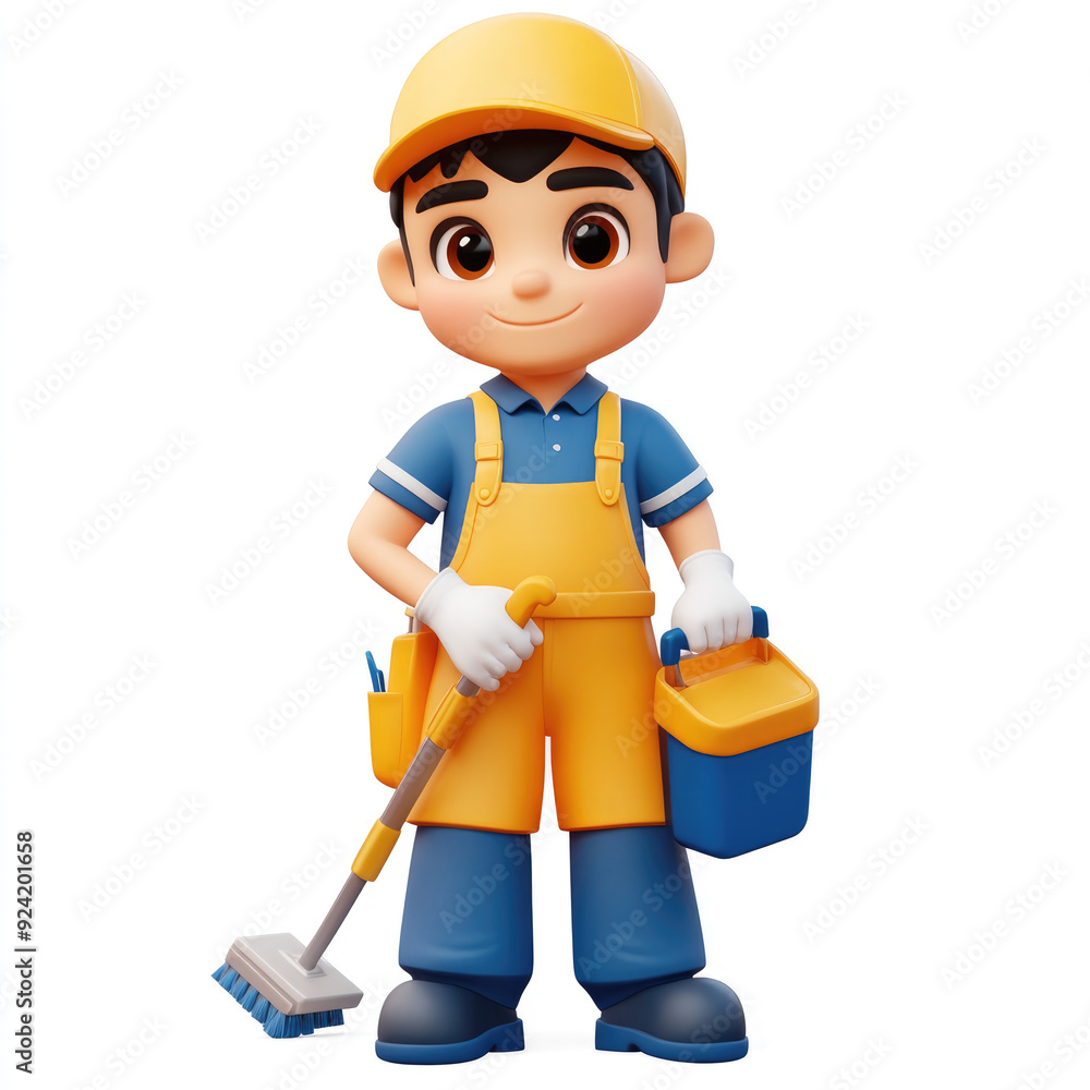 3D cartoon, a male cleaning service uniform profession. on a solid white background 3D cartoon, a male cleaning service uniform profession. on a solid white background