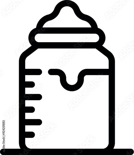 Black line vector illustration of a baby bottle full of milk, with a nipple and a measuring scale, isolated on a white background