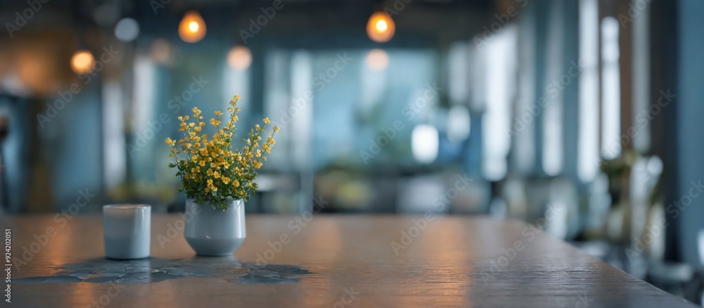 Long wooden table vase yellow flowers it is Blurry office backgr Long wooden table vase yellow flowers it is Blurry office backgr