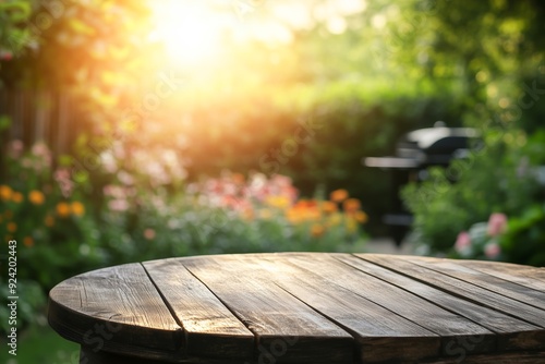 Summer time backyard garden with grill BBQ, empty round wooden table, blurred background