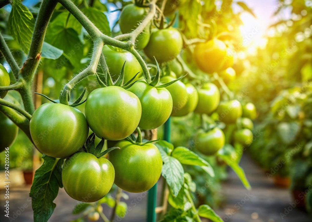 Juicy green tomatoes cling to an indeterminate vine, ripening in the sun on a lush, outdoor UK garden, showcasing the beauty of nature's bounty. Juicy green tomatoes cling to an indeterminate vine, ripening in the sun on a lush, outdoor UK garden, showcasing the beauty of nature's bounty.