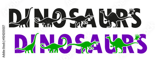 Dinosaurs silhouettes lettering with Jurassic lizards and dino characters, vector background. Prehistoric era T-rex tyrannosaurus lizard, brontosaurus and pterodactyl bird in letters silhouette