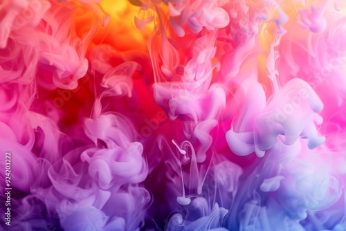 abstract colorful ink or smoke swirling in water, creating dynamic, flowing shapes, bright pink, yellow, and red hues contrasted against a deep blue black background