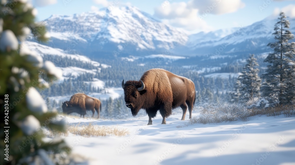 A majestic bison grazes in the snowy grasslands of Park, surrounded by fellow bison amidst the soft light of early morning A majestic bison grazes in the snowy grasslands of Park, surrounded by fellow bison amidst the soft light of early morning
