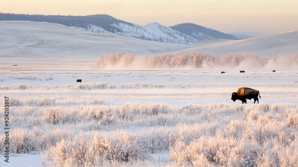 Obraz premium A majestic bison grazes in the snowy grasslands of Park, surrounded by fellow bison amidst the soft light of early morning