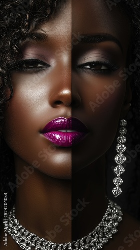 Close-up of a sophisticated African American woman with dark skin, wearing silver jewelry and fuchsia lipstick, showcasing a stylish and elegant look, with her curly hair adding texture and allure