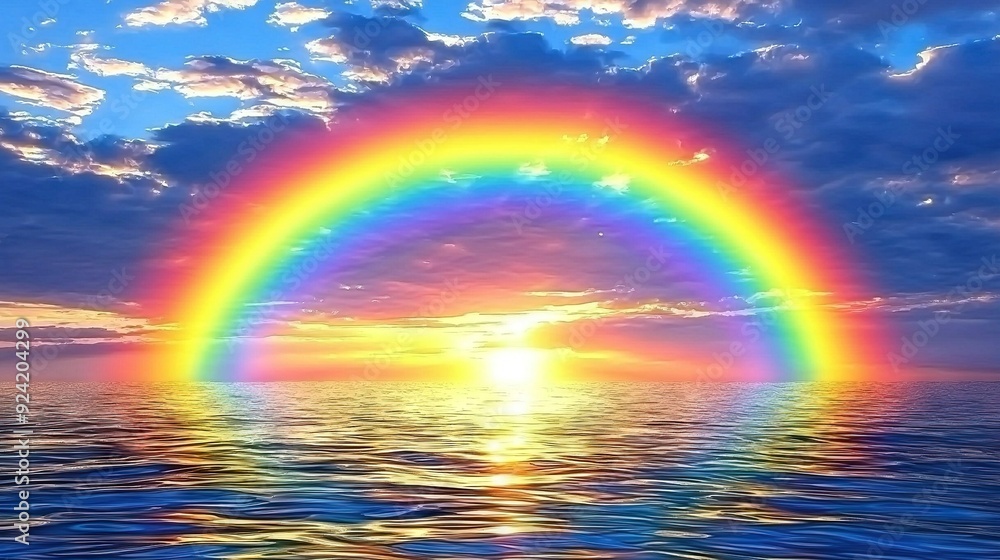 A vibrant rainbow appears in a serene lake surrounded by a cerulean sky and fluffy white clouds, with the golden sun illuminating the water's surface A vibrant rainbow appears in a serene lake surrounded by a cerulean sky and fluffy white clouds, with the golden sun illuminating the water's surface
