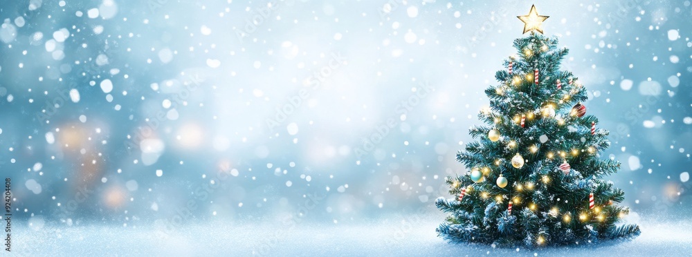 A Christmas tree adorned with decorations against a snowy backdrop A Christmas tree adorned with decorations against a snowy backdrop