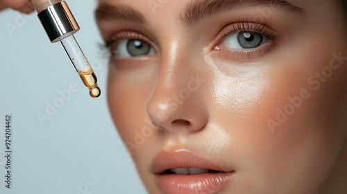 Closeup of female eye and dropper with rejuvenating serum , woman skin  and pipette with serum 