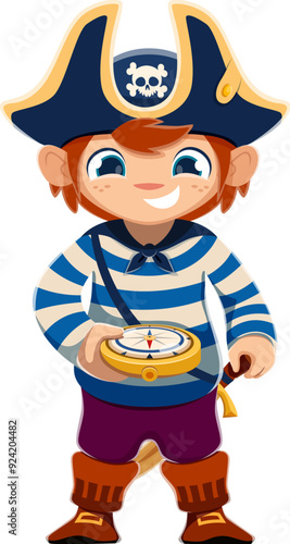 Cartoon kid boy pirate sailor with compass in captain tricorne hat, vector character. Funny boy in pirate or corsair and boatswain costume with compass and Jolly roger skull crossbones on hat