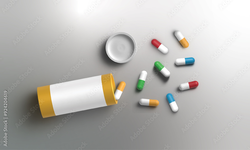 Pill bottle and a pack of colored capsules, medication, painkiller, the flu, cure, 3d render Pill bottle and a pack of colored capsules, medication, painkiller, the flu, cure, 3d render