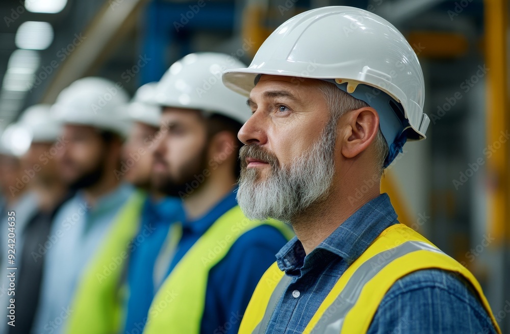 A group of workers wearing safety helmets and vests A group of workers wearing safety helmets and vests