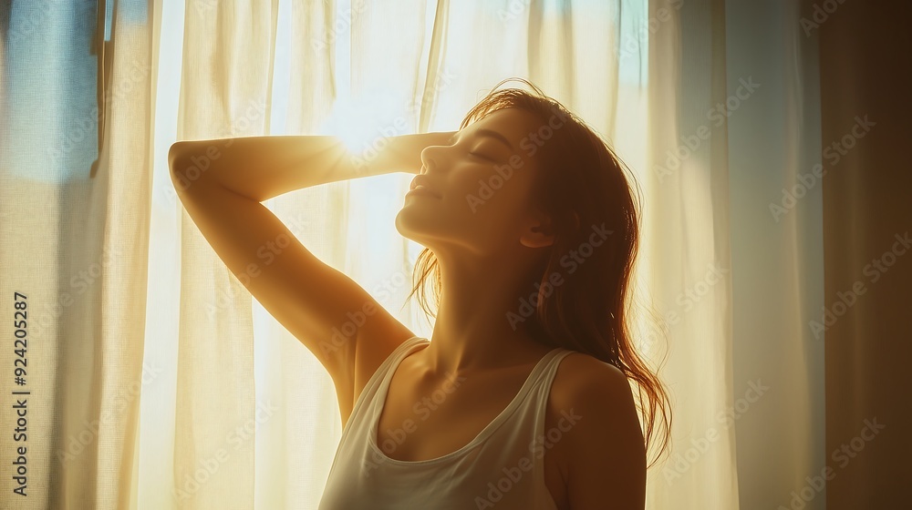 Woman in White Tank Top Stands by a Window with Sunlight Streaming in Woman in White Tank Top Stands by a Window with Sunlight Streaming in
