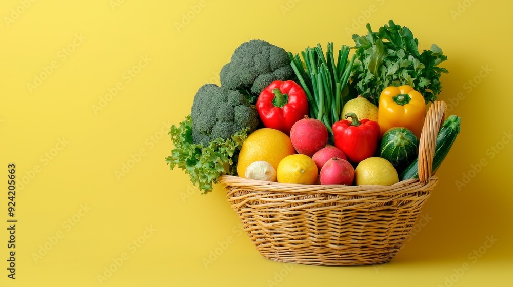A basket of beautifully arranged fresh fruits and vegetables creates a homemade and appetizing look A basket of beautifully arranged fresh fruits and vegetables creates a homemade and appetizing look