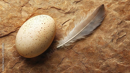   A bird's close-up feather with an egg on stone, brown shelled