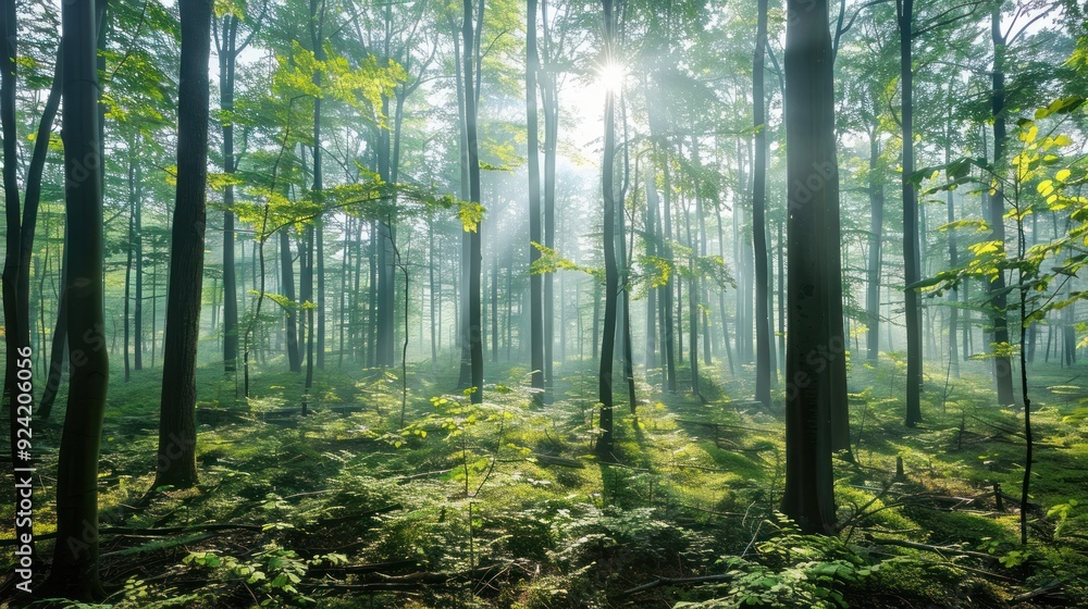 Obraz premium Sunbeams Through a Misty Forest