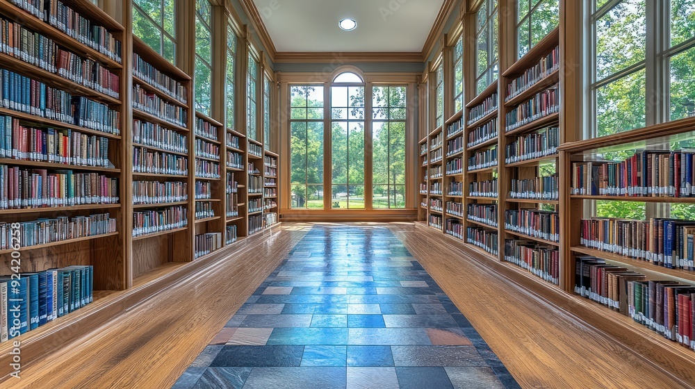 A Serene Library Interior with Rows of Books A Serene Library Interior with Rows of Books