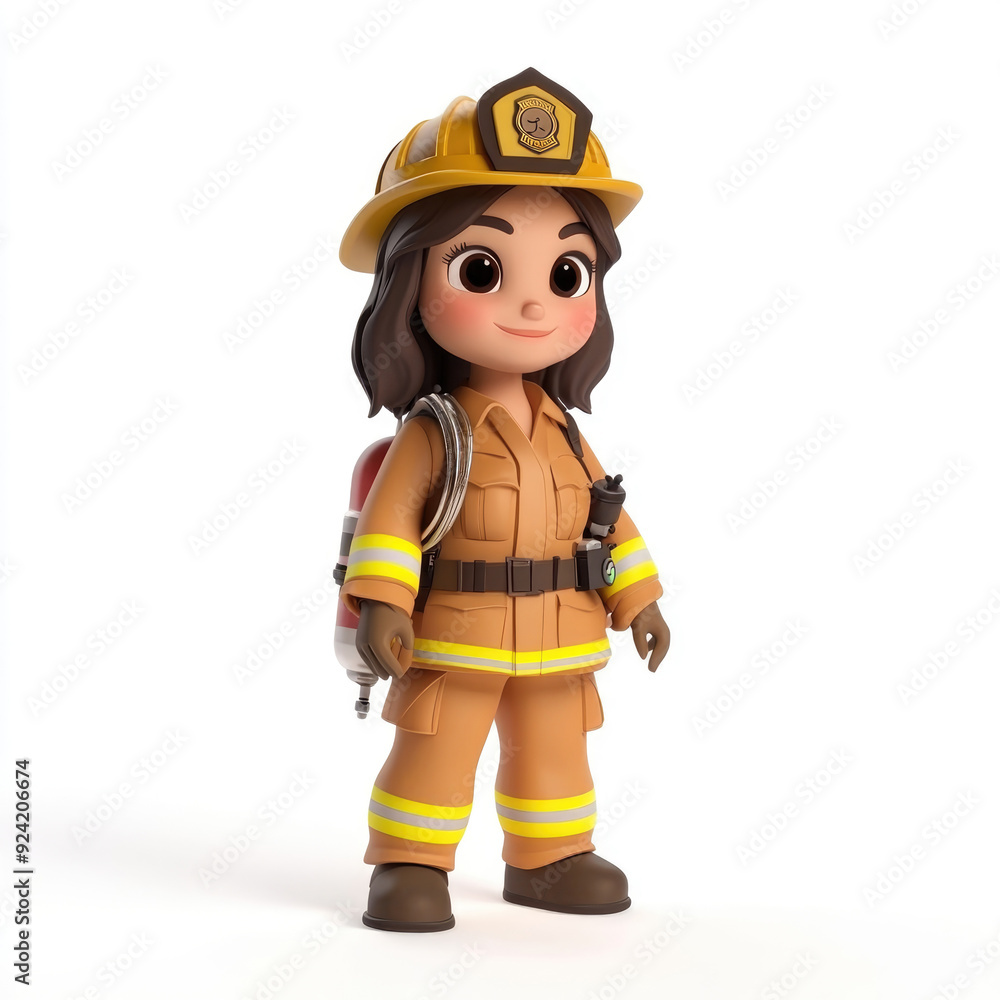 3D cartoon, a female firefighter uniform profession. on a solid white background 3D cartoon, a female firefighter uniform profession. on a solid white background