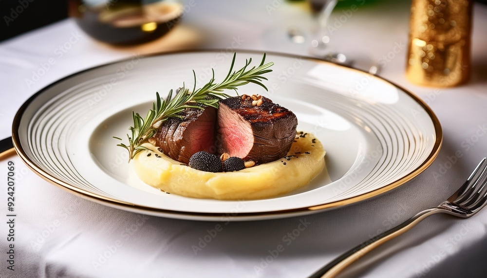Wagyu beef tenderloin, cooked pink, on truffle mashed potatoes with black truffles and rosemary, served on a gold-decorated plate in an elegant 5-star ambience Wagyu beef tenderloin, cooked pink, on truffle mashed potatoes with black truffles and rosemary, served on a gold-decorated plate in an elegant 5-star ambience