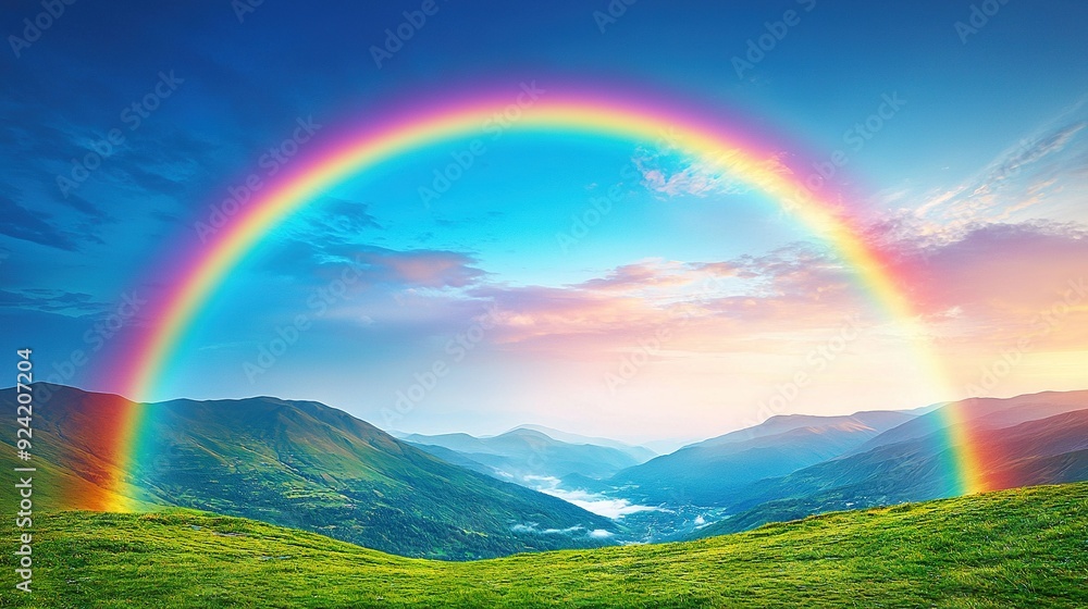 A rainbow arcs across the sky over a lush green mountain range, with two distinct rainbows appearing simultaneously - one at the base of the mountains and another centered in the sky above A rainbow arcs across the sky over a lush green mountain range, with two distinct rainbows appearing simultaneously - one at the base of the mountains and another centered in the sky above