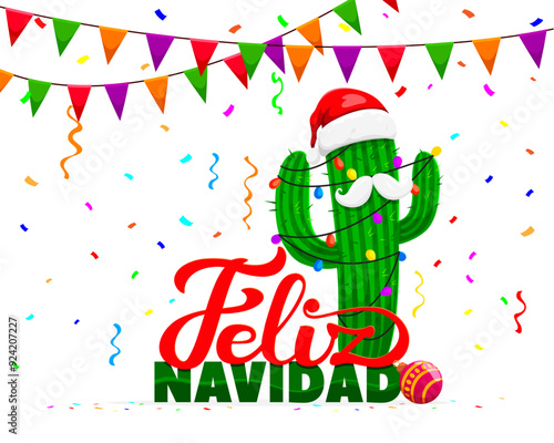 Hispanic Christmas feliz navidad banner with decorated festive cactus in Santa claus hat, flag garland, maracas, falling confetti and colorful typography. Cartoon vector vibrant holiday greeting card