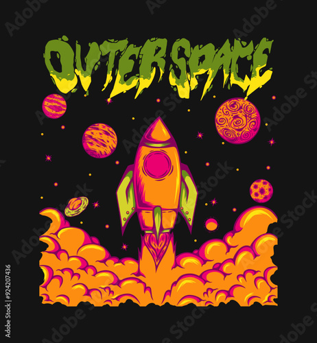 Space Rocket and Planet Themed Illustration Design for T-shirt print, Poster, Streetwear, totebag, and other