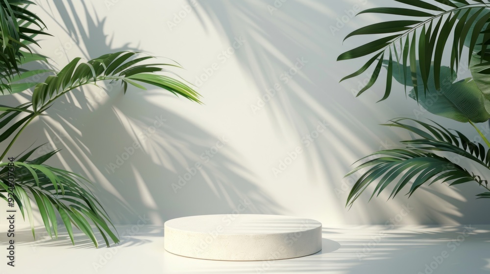 Minimalistic Product Display with Palm Leaves Minimalistic Product Display with Palm Leaves