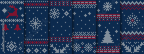 Blue Christmas knit patterns, sweater texture. Vector seamless knitted backgrounds with xmas or new year winter scandinavian ornaments. Holiday festive crochet in traditional red, white or blue colors