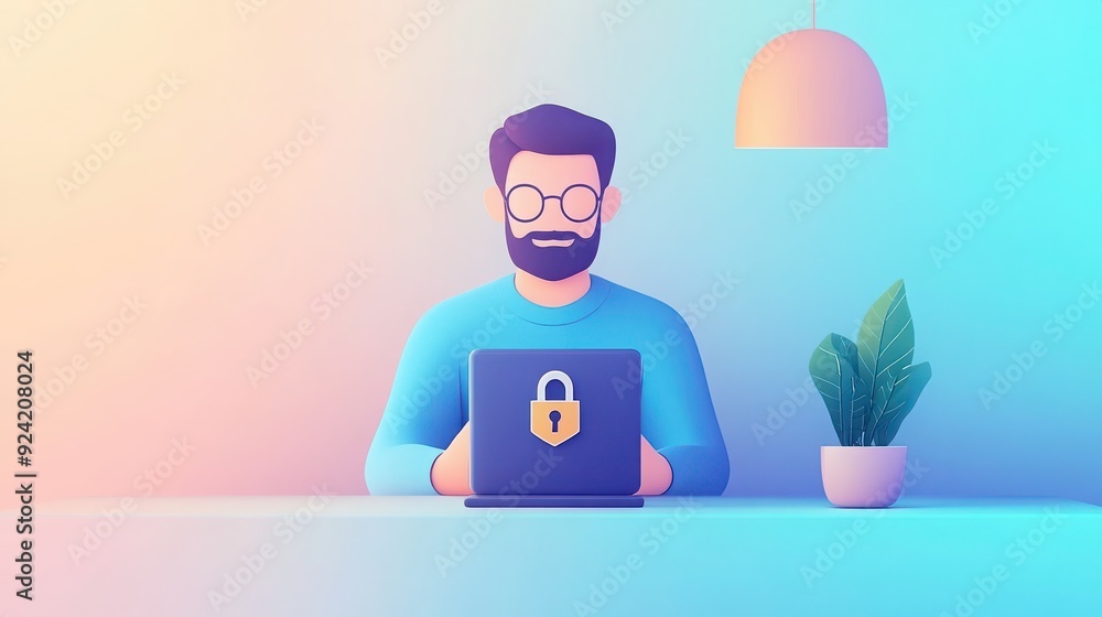 A digital illustration of a man working on a laptop with a security padlock icon, symbolizing online privacy and safety. A digital illustration of a man working on a laptop with a security padlock icon, symbolizing online privacy and safety.