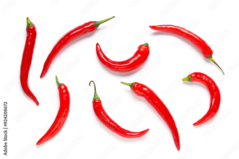 Red hot chili peppers on white background. Top view Red hot chili peppers on white background. Top view